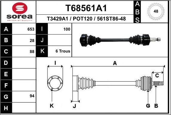 Полуось (привод в сборе, приводной вал) EAI задняя левая для Porsche Boxster I (986) 1996-2004. Артикул T68561A1