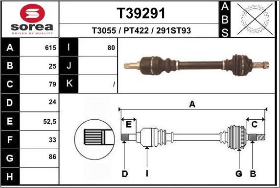 Полуось (привод в сборе, приводной вал) EAI. Артикул T39291