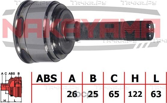 ШРУС внешн. к-кт KIA SPORTAGE (K00) 2.0 i 16V (94 kW) 99- (26x25x185x65) (Nakayama). Артикул NJ710NY