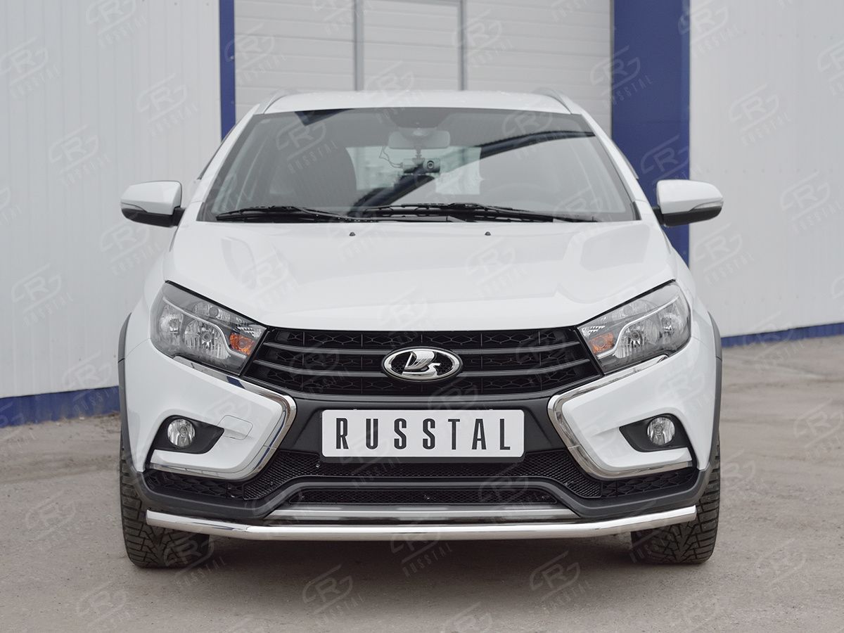 Защита RusStal переднего бампера d42 секции для Lada Vesta SW Cross 2017-2026. Артикул LVZ-002844