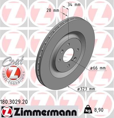 Тормозной диск Zimmermann Coat Z передний для Citroen DS3 I 2009-2015. Артикул 180.3029.20