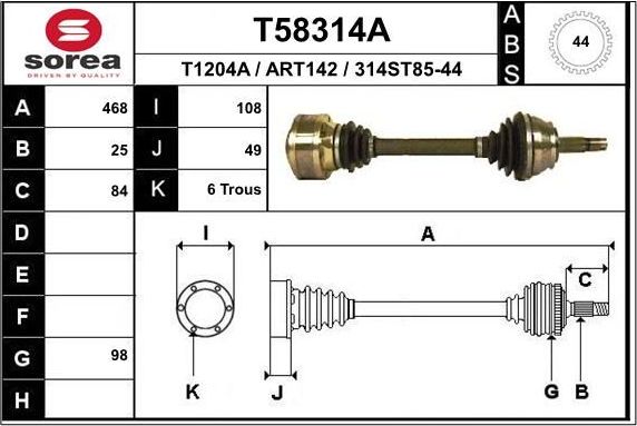 Полуось (привод в сборе, приводной вал) EAI. Артикул T58565