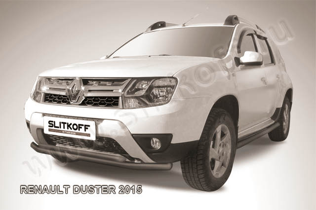 Защита Slitkoff переднего бампера d57+d42 двойная для Renault Duster I рестайлинг 2015-2020 Черная. Артикул RD15002B