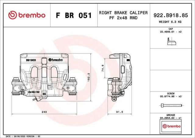 Тормозной суппорт Brembo (Серый чугун) передний правый для Mercedes-Benz V-Класс II 2015-2026. Артикул F BR 051