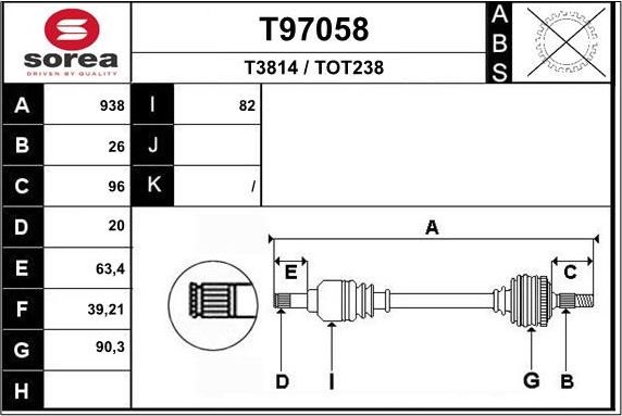 Полуось (привод в сборе, приводной вал) EAI. Артикул T97058