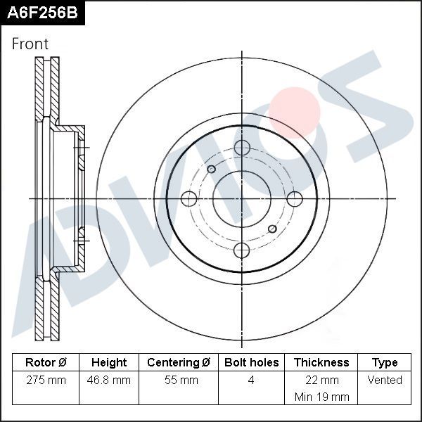 Тормозной диск Advics передний для Toyota Corolla E140, E150 2006-2014. Артикул A6F256B