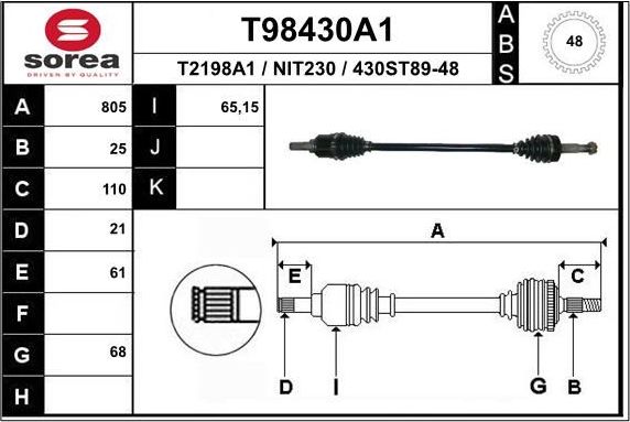 Полуось (привод в сборе, приводной вал) EAI. Артикул T98430A1
