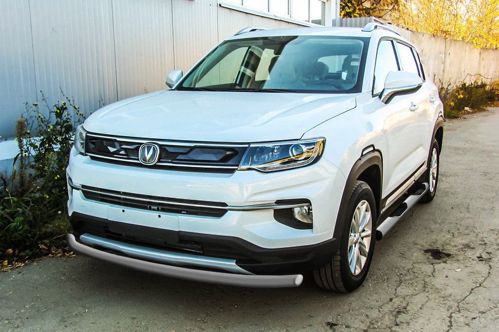 Защита Slitkoff переднего бампера d57 для Changan CS35 Plus 2019-2026 Серебристая. Артикул CHANCS35P-001S