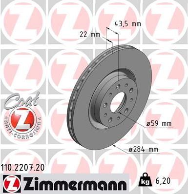 Тормозной диск Zimmermann Coat Z передний для Fiat Tipo 356 2015-2026. Артикул 110.2207.20