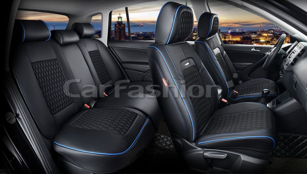 Чехлы универсальные каркасные CarFashion 5D Titan Plus на сидения авто, цвет Черный/Черный/Синий/Синий. Артикул 27237