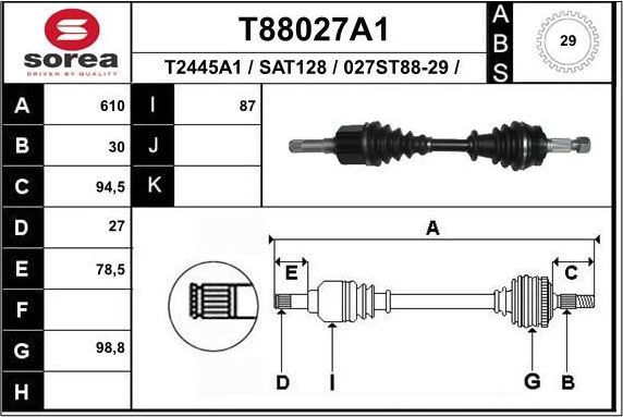 Полуось (привод в сборе, приводной вал) EAI. Артикул T88027A1