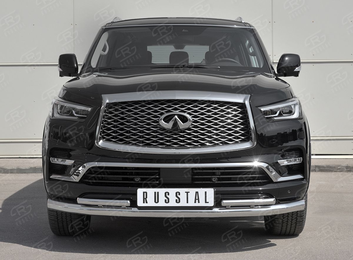 Защита RusStal переднего бампера d76 секции-d42 секции для Infiniti QX80 I рестайлинг 2018-2026. Артикул IQX8Z-003010