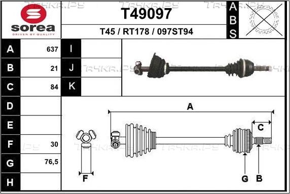 Полуось (привод в сборе, приводной вал) EAI. Артикул T49097