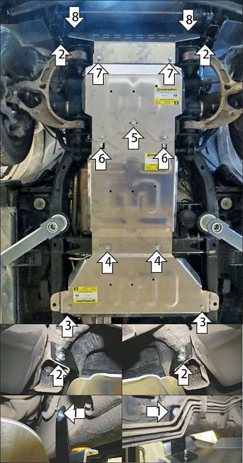 Защита алюминиевая Мотодор усиленная для двигателя, переднего дифференциала, КПП, радиатора, раздаточной коробки Dodge Ram 1500 V 3,0D, дизельный двигатель (авто с системой активного переднего спойлера) 2018-2026. Артикул 32911