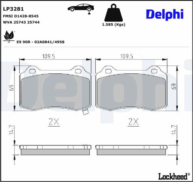 Тормозные колодки Delphi (Low-Metallic) для Hyundai Genesis I 2008-2014. Артикул LP3281