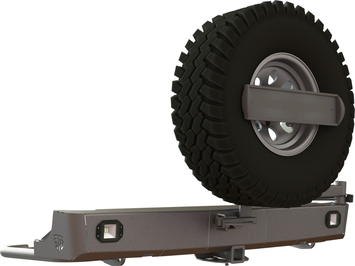 Бампер силовой STC задний для Toyota Hilux VIII 2015-2026 с квадратом под фаркоп, кронштейном крепления запасного колеса по центру, кронштейном крепления гос номера и фарами заднего хода/ ПТФ. Артикул STC-TH15-BR-C1-L2