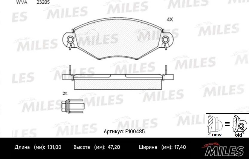 Тормозные колодки Miles (Semi-Metallic) передние для Peugeot 306 1993-2001. Артикул E100485