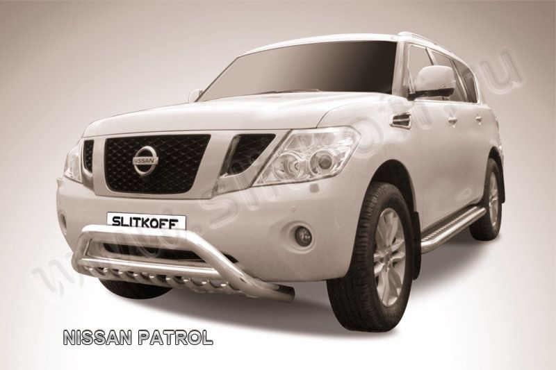 Кенгурятник Slitkoff d76 низкий широкий с перемычкой для Nissan Patrol Y62 2012-2014. Артикул NIPAT008