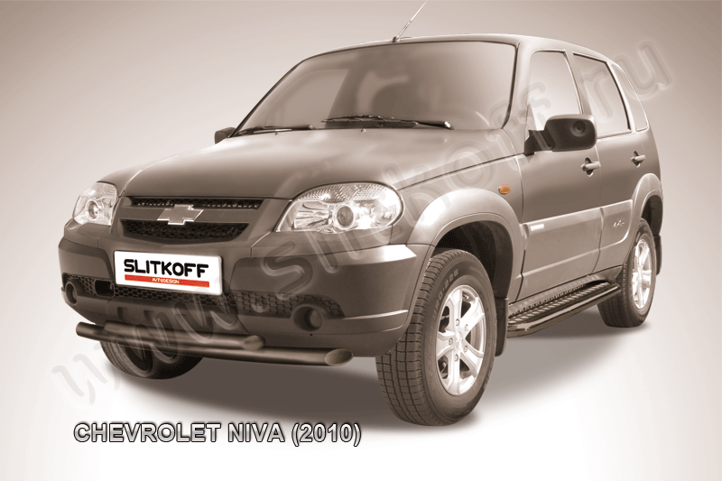 Защита Slitkoff переднего бампера d57/57 двойная ЧЕРНАЯ матовая для Chevrolet Niva 2009-2020. Артикул CHN10-004B