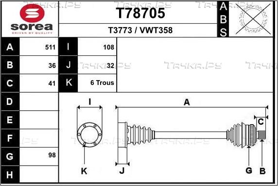 Полуось (привод в сборе, приводной вал) EAI. Артикул T78705