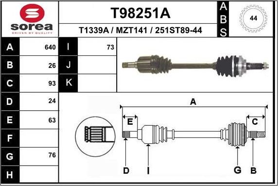 Полуось (привод в сборе, приводной вал) EAI передняя левая для Mazda 323 V (BA) 1994-1998. Артикул T98251A