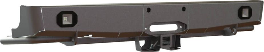 Бампер силовой STC задний для Toyota Hilux VIII 2015-2026 с квадратом под фаркоп, площадкой под лебедку и фарами заднего хода/ ПТФ. Артикул STC-TH15-BR-W-L2