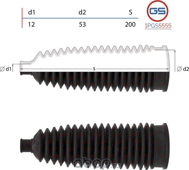 Пыльник рулевой рейки размер  13x53x195 (GS). Артикул 1PGS5555