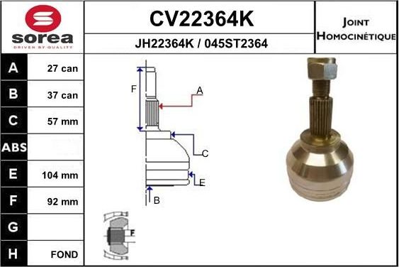 Шрус наружный (граната) EAI передний для Renault Vel Satis I 2005-2009. Артикул CV22364K