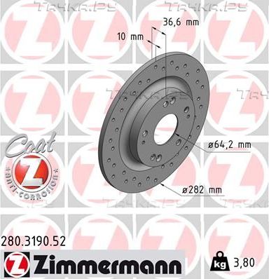 Тормозной диск Zimmermann SPORT Z задний для Honda Civic X 2016-2026. Артикул 280.3190.52