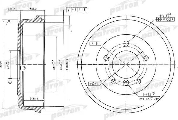 Тормозной барабан Patron задний для PUCH G-modell W461 1992-2001. Артикул PDR1096