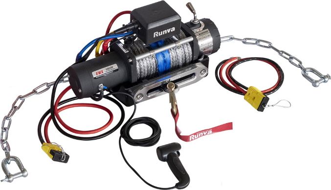 Переносная лебёдка РИФ: 12V Runva 10000 lbs 4500 кг c облегчённой площадкой на цепях и проводами (синт. трос) РИФ. Артикул EWX10000SR-KIT1