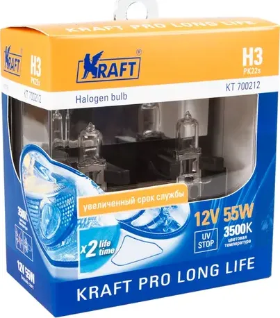 Автолампа H3 12v55w (PK22s) Kraft Pro Long Life (2шт. блистер). Артикул KT700212