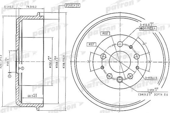 Тормозной барабан Patron задний для Volkswagen Transporter T4 1990-2003. Артикул PDR1210