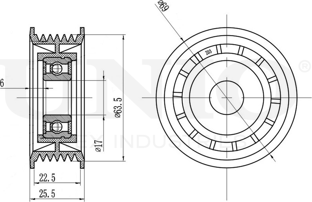 Ролик поликлинового ремня направляющий (Unio). Артикул TNS-10003