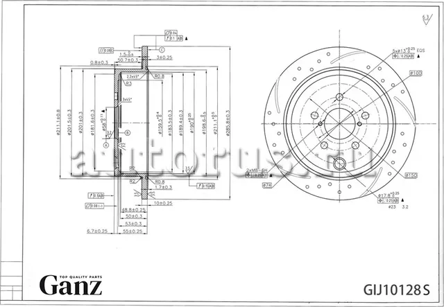 Диск тормозной задний перфорированный PRO-Line с покрытием (компл.2 шт) SUBARU F (Ganz). Артикул GIJ10128S