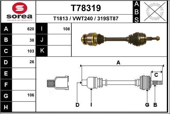 Полуось (привод в сборе, приводной вал) EAI. Артикул T78319