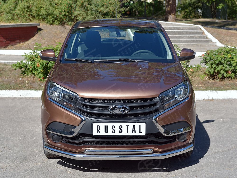 Защита RusStal переднего бампера d63 секция-d42 дуга для Lada Xray 2015-2026. Артикул LXRZ-002386