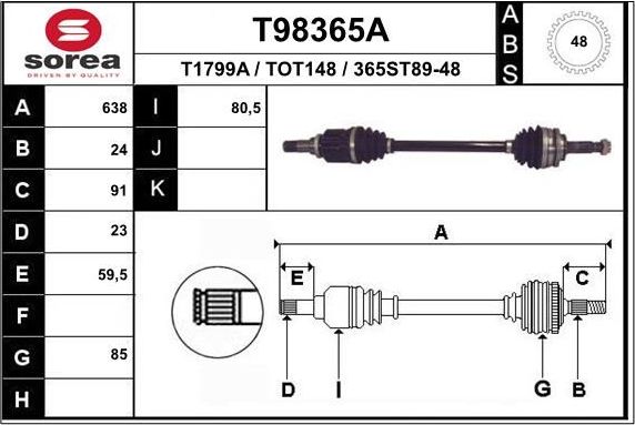 Полуось (привод в сборе, приводной вал) EAI. Артикул T98365A