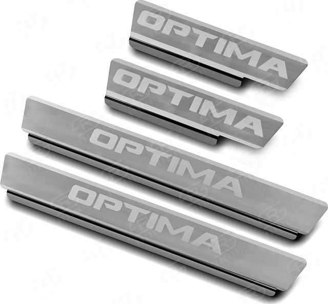 Накладки RusStal на пороги (лист нерж. шлифованный с надписью) для Kia Optima IV 2016-2026. Артикул KIAOP16-03