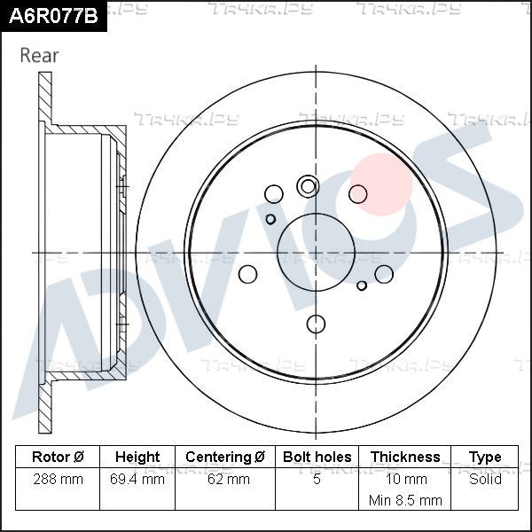 Тормозной диск Advics для Toyota Highlander I (U20) 2000-2010. Артикул A6R077B