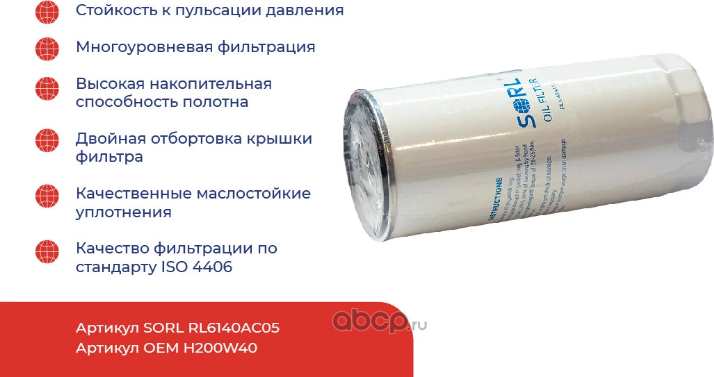 Фильтр масляный 1 1/8-16UN RVI, SCANIA, VOLVO (Sorl). Артикул RL6140AC05