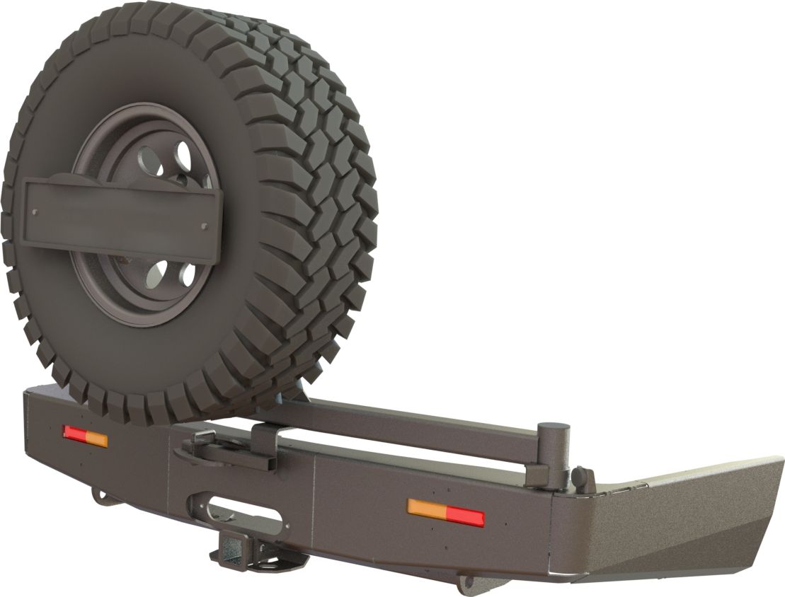 Бампер силовой STC задний для Mitsubishi Pajero Sport III 2015-2026 с квадратом под фаркоп, площадкой под лебедку, кронштейном крепления запасного колеса по центру, кронштейном крепления гос номера и дублирующими фонарями. Артикул STC-MPS3-BR-W-C1-L1