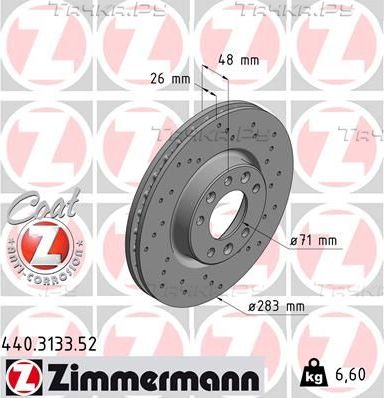 Тормозной диск Zimmermann Sport Coat Z передний для Peugeot 308 II 2013-2026. Артикул 440.3133.52