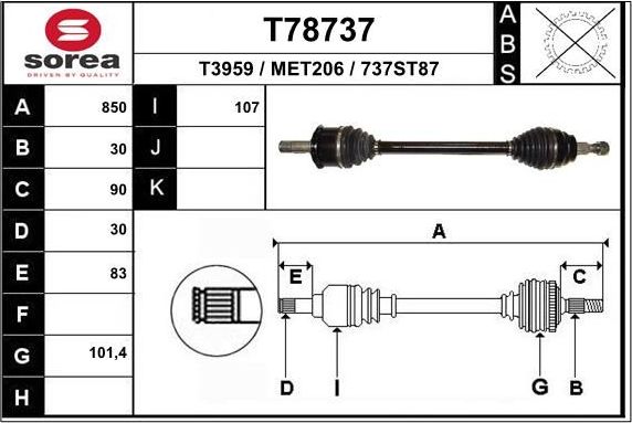 Полуось (привод в сборе, приводной вал) EAI. Артикул T78737