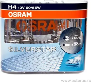 Лампа галоген H4 12/60/55W P43t к-т 2шт OSRAM +60% SILVERSTAR 2.0 Osram. Артикул 64193SV2HCB
