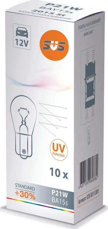 Лампа 12V P21W 21W +30% BA15s SVS Standard 1 шт. картон 0200015000. Артикул 0200015000