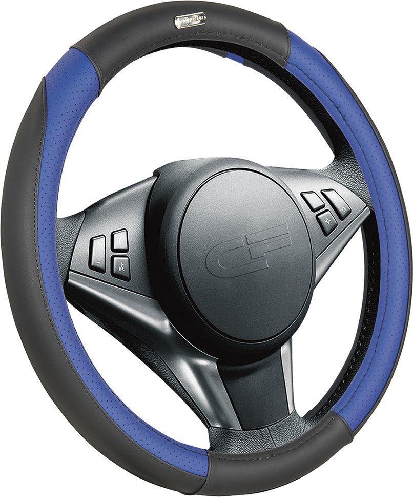 Оплётка на руль CarFashion Goa (размер M, экокожа, цвет ЧЕРНЫЙ/СИНИЙ/ЧЕРНЫЙ). Артикул 31324