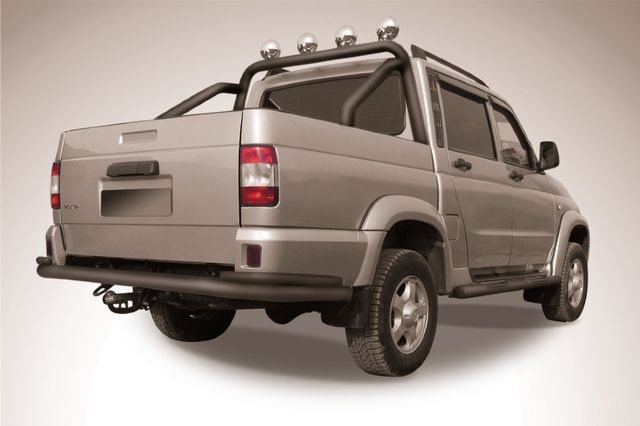 Защита Slitkoff заднего бампера d76+d42 двойная для УАЗ Pickup I рестайлинг 2014-2026 Черная. Артикул UPpic14-010B