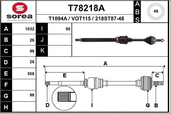 Полуось (привод в сборе, приводной вал) EAI. Артикул T78218A
