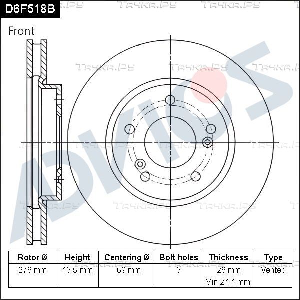 Тормозной диск Advics передний для Mitsubishi Galant VIII 1999-2003. Артикул D6F518B